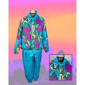 Vintage 90s Shell Shock Rosa Damascana Aqua Neon Floral Nylon Track Suit 1X